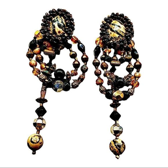 Leopard agate festoon style dangle earrings hand crafted artist made pierced - Picture 1 of 9